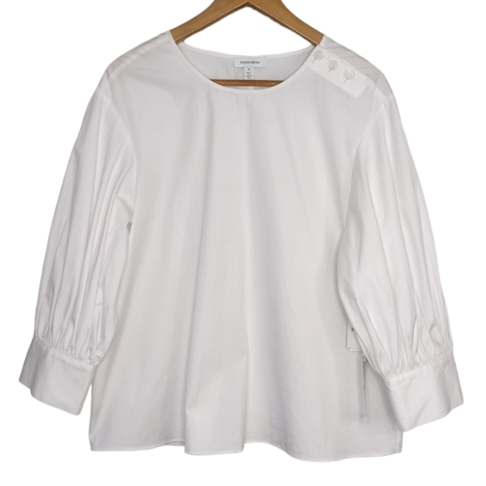 NWT Nordstrom Women's Cotton Pullover Puff Sleeve Scoop-Neck White Blouse